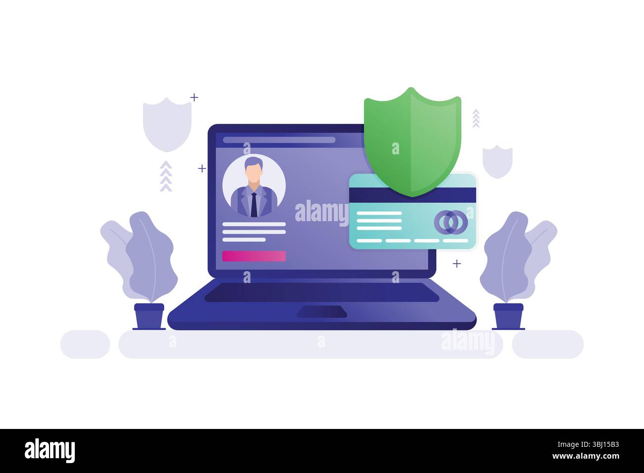 Vektorillustration eines Laptops mit grünem Schild und gelben Firewall-Blöcken, Cybersicherheit und digitalem Schutzkonzept Stock Vektor