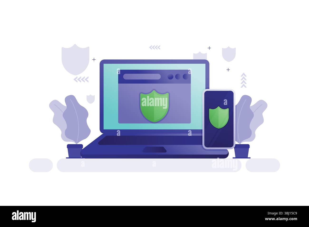 Vektorillustration von Laptop und Smartphone mit grünen Schildsymbolen für Cybersicherheit und digitalen Schutz Stock Vektor