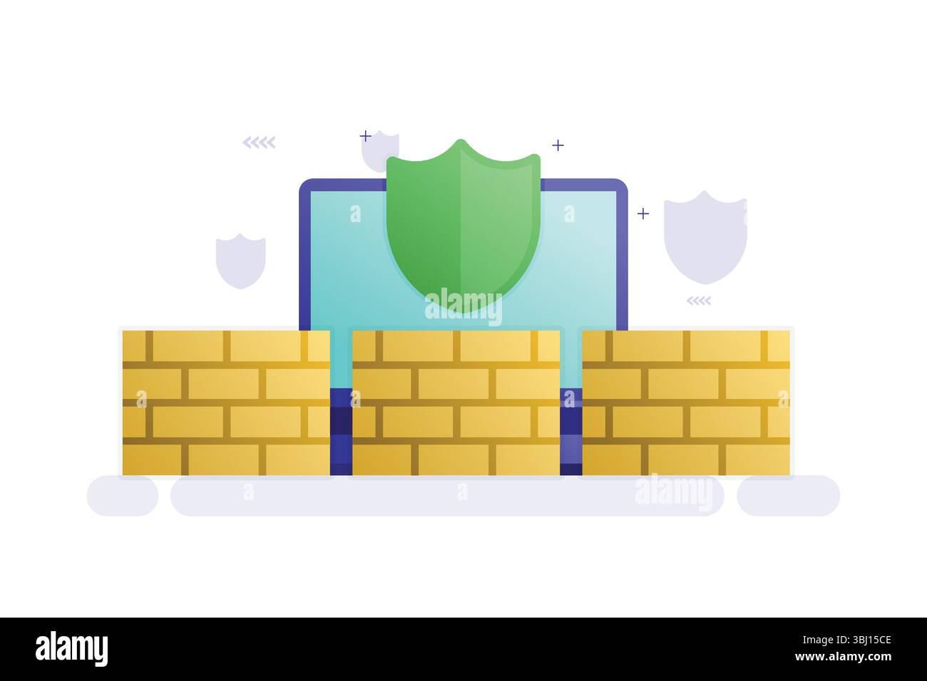 Vektorillustration eines Laptops mit Green Shield und Yellow Firewall Blocks – Cybersicherheit und digitales Schutzkonzept Stock Vektor