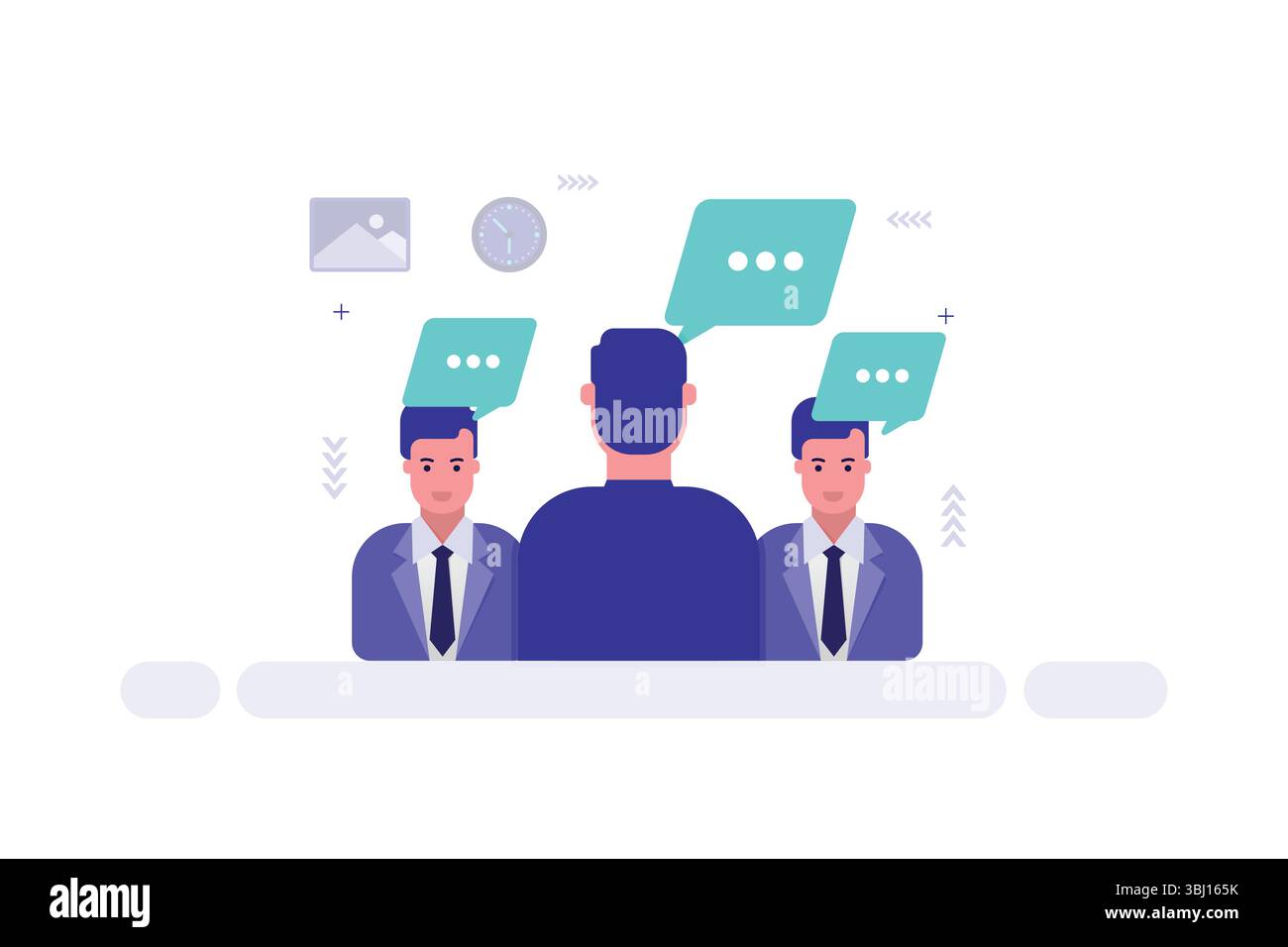 Illustration für Geschäftstreffen – drei Männer in Anzügen mit Sprechblasen, die Gespräche und Diskussionen anzeigen Stock Vektor