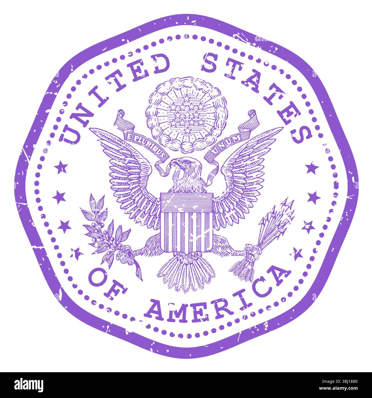 USA-Stempel mit Staatssiegel oder Wappen, USA-Reisestempel, schäbiger Stempel von USA mit Adler, Vektor Stock Vektor
