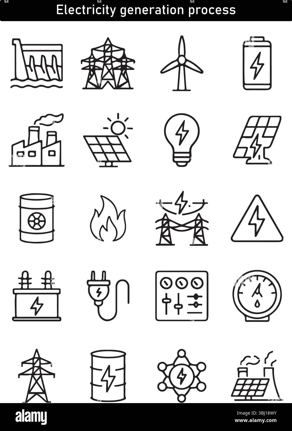 Symbole für die Stromerzeugung – Energie, Energiequellen, Übertragung und erneuerbare Systeme Stock Vektor