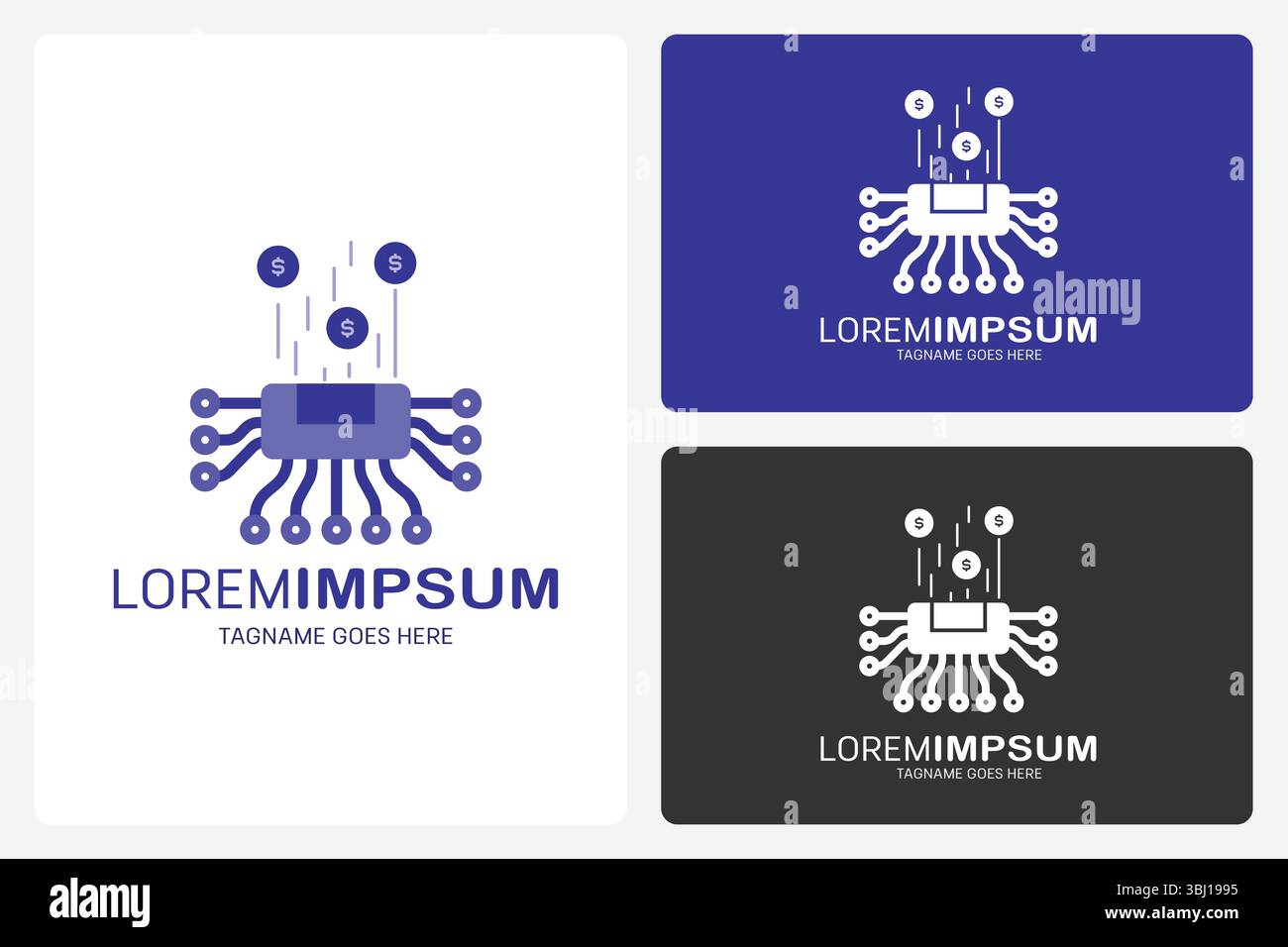 Digital Finance Chip-Logo-Vorlage. Dieses Logo zeigt einen Computerchip mit Dollarzeichen. Es zeigt, dass Geld und Technologie zusammenkommen. Stock Vektor