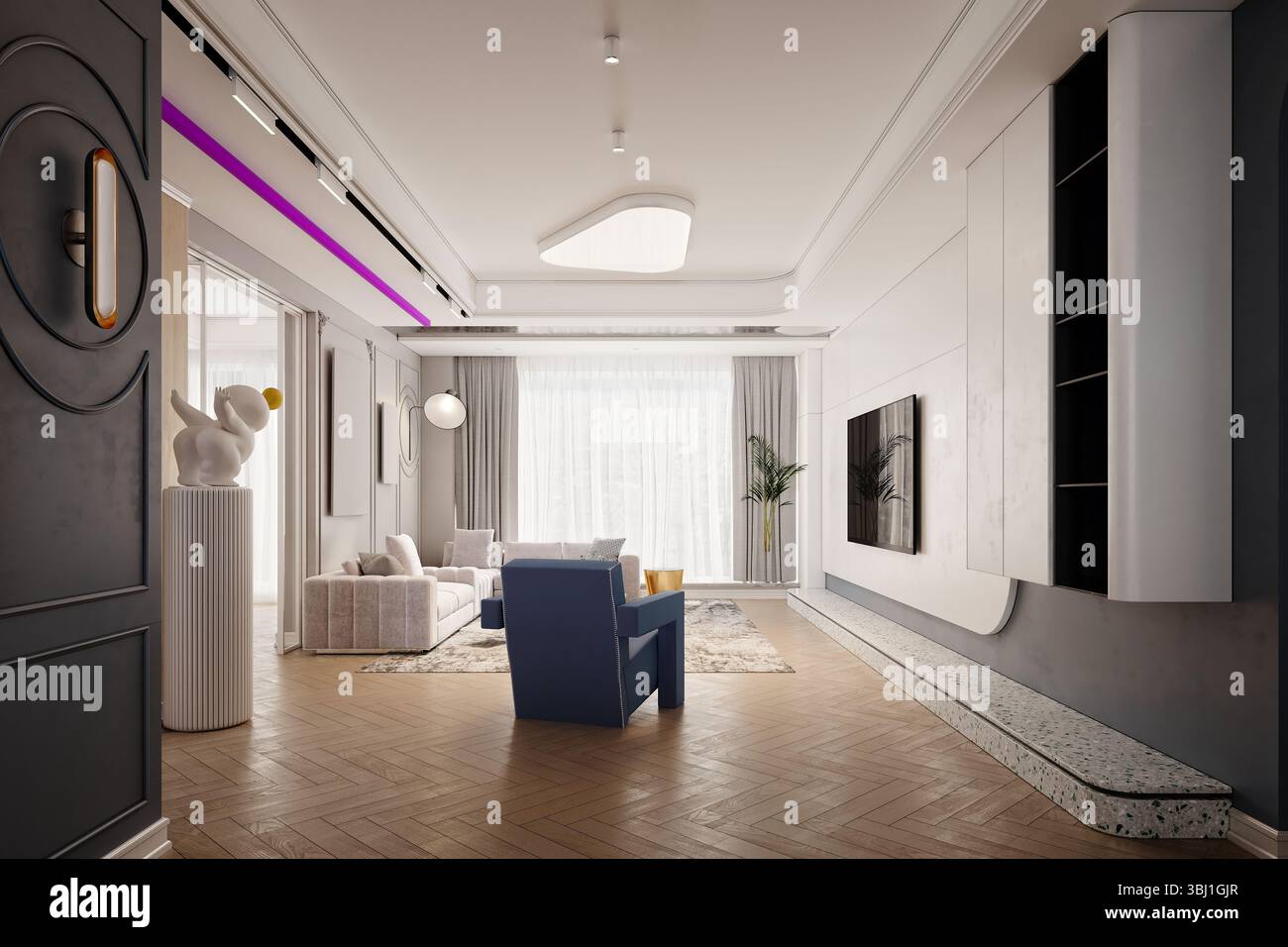 3D-Rendering modernes Wohnzimmer Innenausstattung Stockfoto