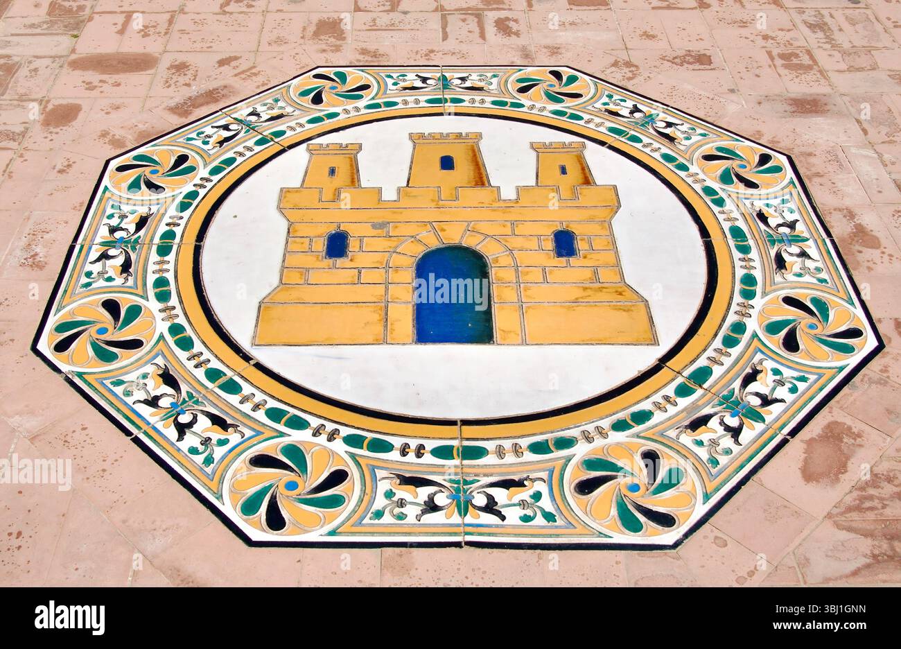 Erbaut im Jahr 1928 für die Iberoamerikanische Ausstellung 1929 Plaza de España bemalt Fliesenboden Dekoration Maria Luisa Park Sevilla Andalusien Spanien Europa Stockfoto