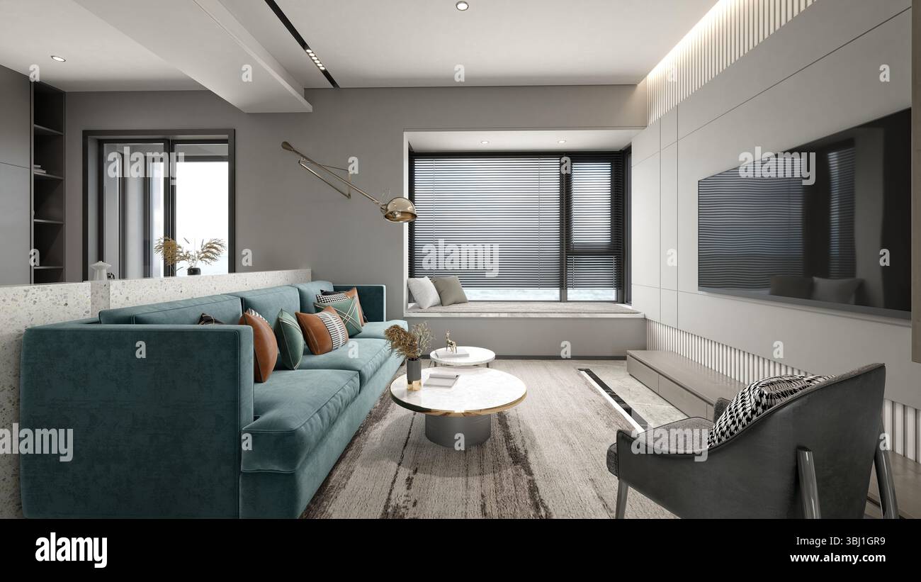 3D-Rendering modernes Wohnzimmer Innenausstattung Stockfoto