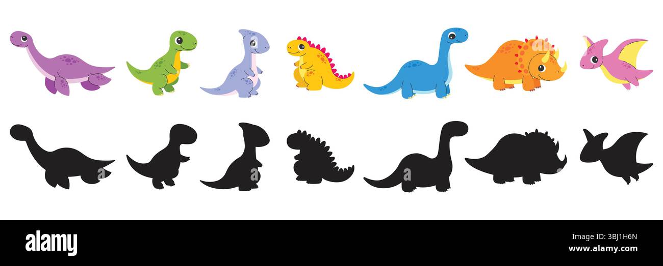 Verschiedene Arten von Dinosauriern und ihre Silhouetten. Vektor-Zeichentrick-Illustration. Stock Vektor