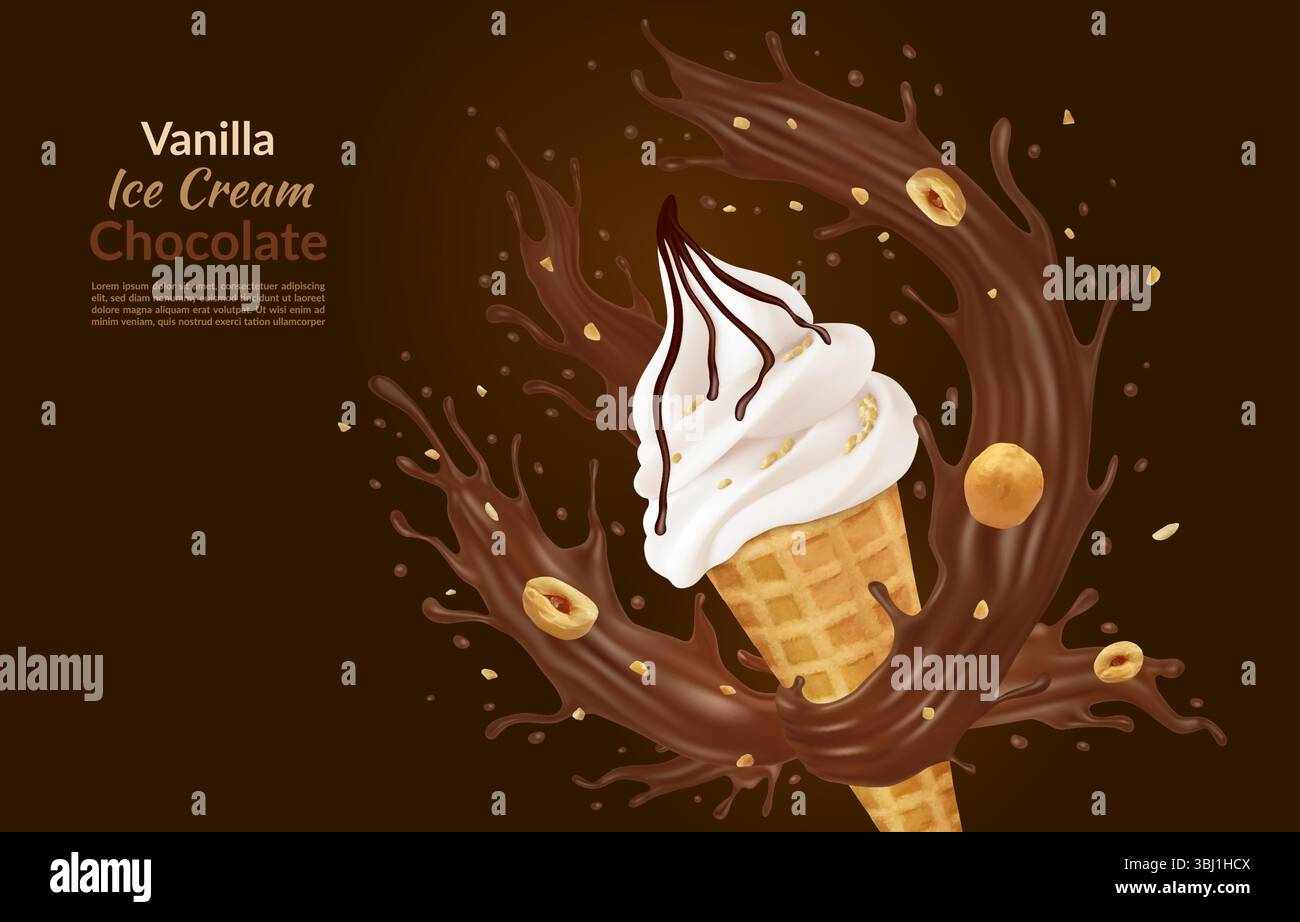 3d Eis. Weicher Eiskegel, Schokoladensauce und süße Sauce. Vanillemilch, knusprige Waffelglasur und Haselnussfliegen, Werbebanner, Sommerwerbung. Vektorwerbung Stock Vektor