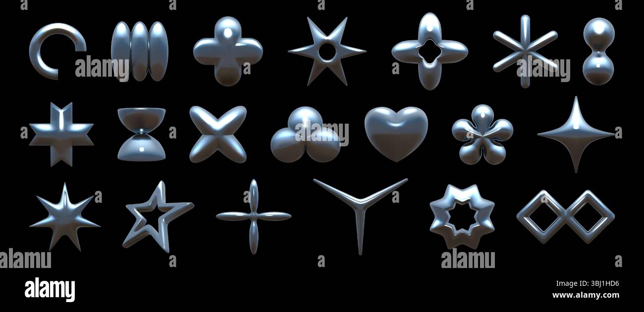 3D y2k Formen. Abstrakter Chromstern, silberne Blume für grafisches Design oder kreatives Retro-Design aus Aluminium, moderne trendige Kunst, geometrische Elemente aus metallischer Folie. Vektor isoliertes Dekorationsset Stock Vektor