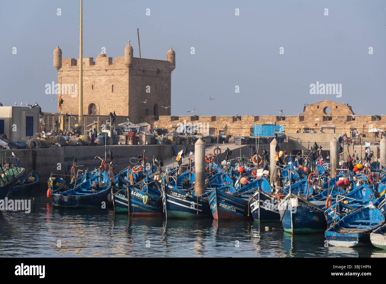 Essaouira, Marokko - 21. Februar 2025: Traditionelle Fischerboote liegen im Hafen von Essaouira mit dem Turm der Festung Mogador in Mor vor Anker Stockfoto