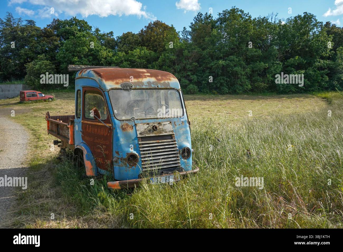Verlassenes Wrack, kleiner Truck Goélette Renault oder Fahrzeug auf dem Land der Region Aude in Frankreich. Stockfoto