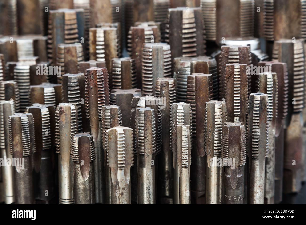 Mehrere Gewindebohrer in verschiedenen Größen, Vorderansicht. Gewindewerkzeug. Stockfoto