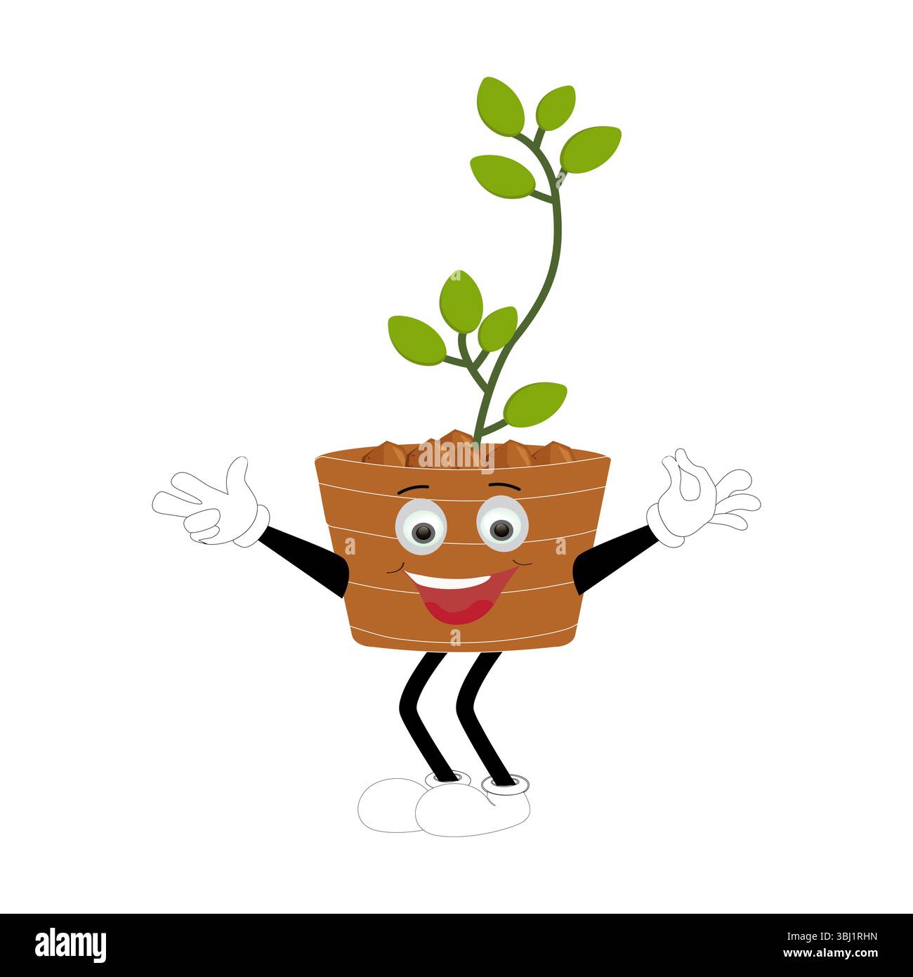 Lächelnde Zeichentrickpflanze im Topf mit Armen und Beinen, isolierter Pflanzenkopfaufkleber mit niedlichem Gesichtsgang, lustiges psychedelisches Blumenkerl mit grünem Blatt Stock Vektor