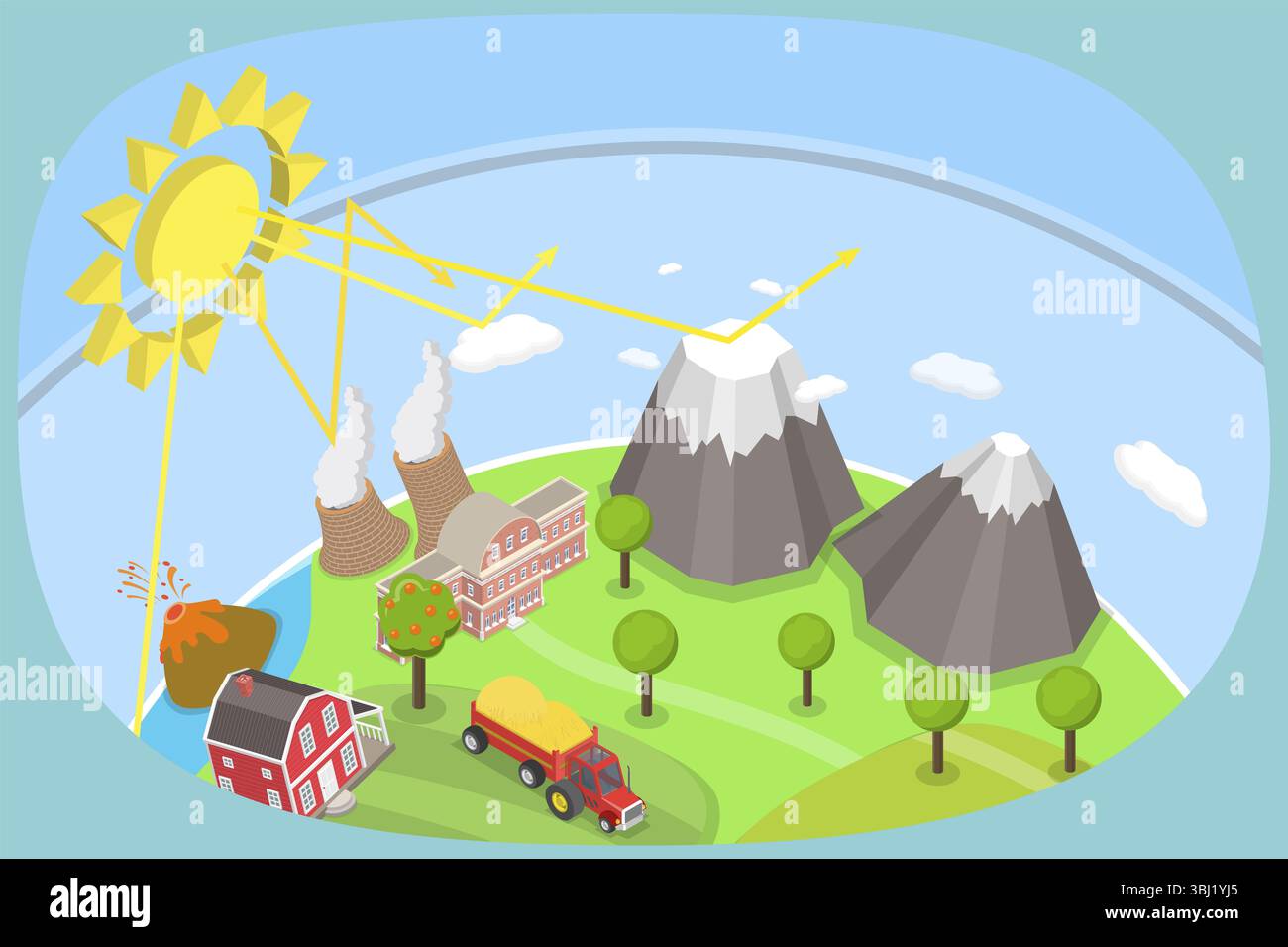 3D Isometrische flache Darstellung der Erzeugung von Treibhausgasen, Klimawandel Stockfoto