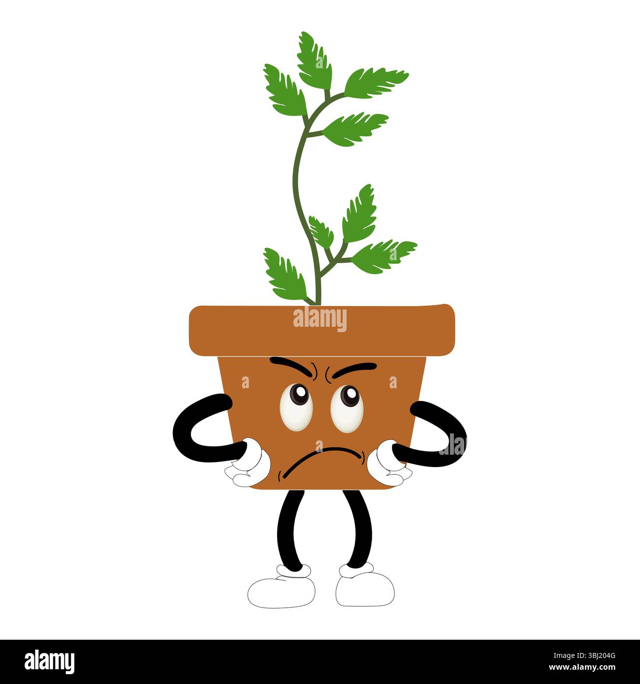 Lächelnde Zeichentrickpflanze im Topf mit Armen und Beinen, isolierter Pflanzenkopfaufkleber mit niedlichem Gesichtsgang, lustiges psychedelisches Blumenkerl mit grünem Blatt Stock Vektor