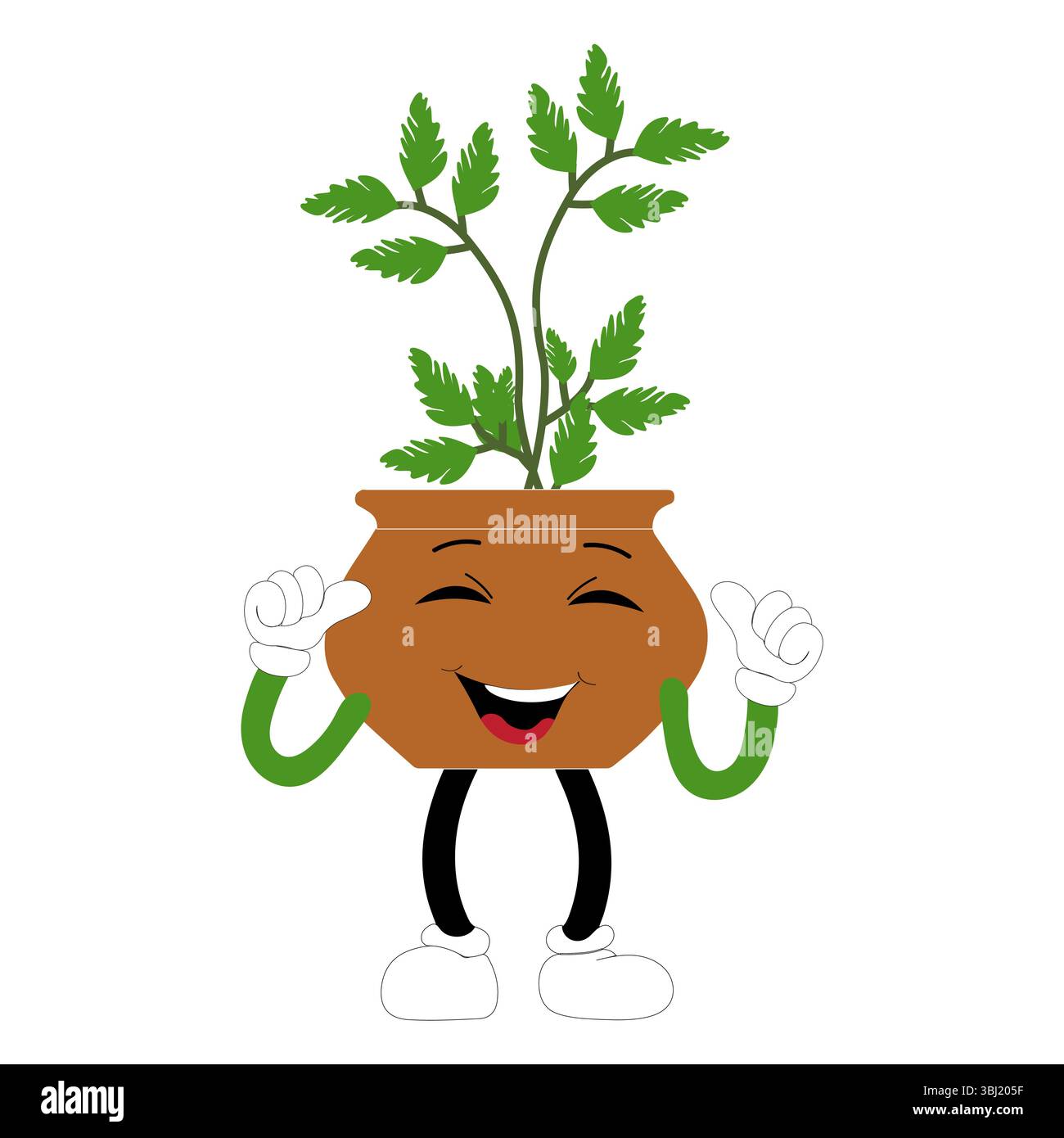 Lächelnde Zeichentrickpflanze im Topf mit Armen und Beinen, isolierter Pflanzenkopfaufkleber mit niedlichem Gesichtsgang, lustiges psychedelisches Blumenkerl mit grünem Blatt Stock Vektor