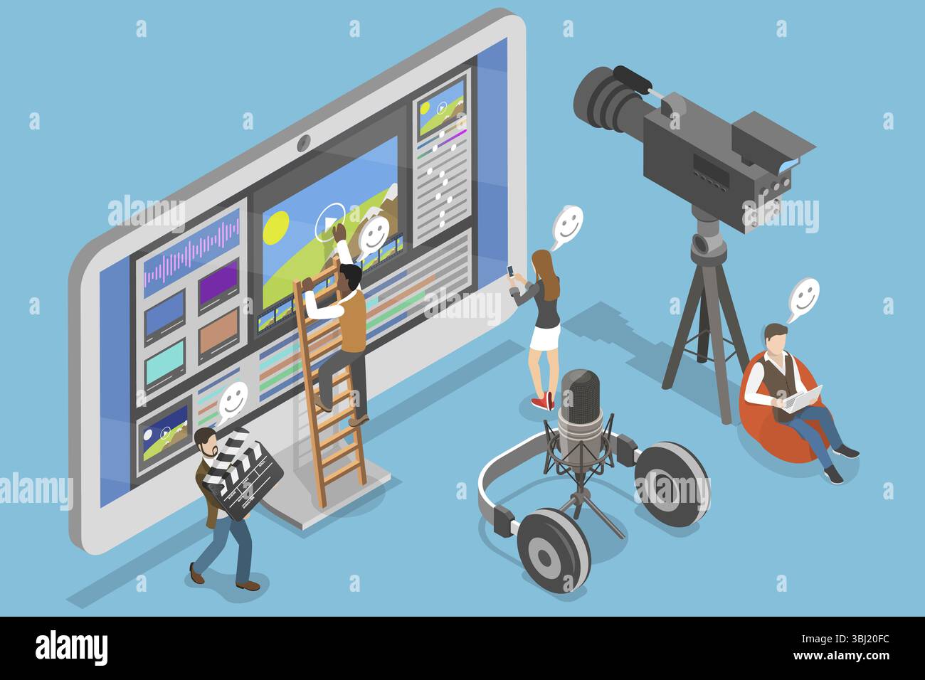 Isometrische flache 3D-Illustration von Software für Videobearbeitung, Montage von Filmaufnahmen Stockfoto