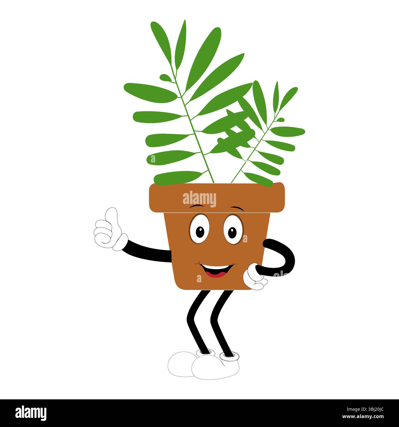 Lächelnde Zeichentrickpflanze im Topf mit Armen und Beinen, isolierter Pflanzenkopfaufkleber mit niedlichem Gesichtsgang, lustiges psychedelisches Blumenkerl mit grünem Blatt Stock Vektor