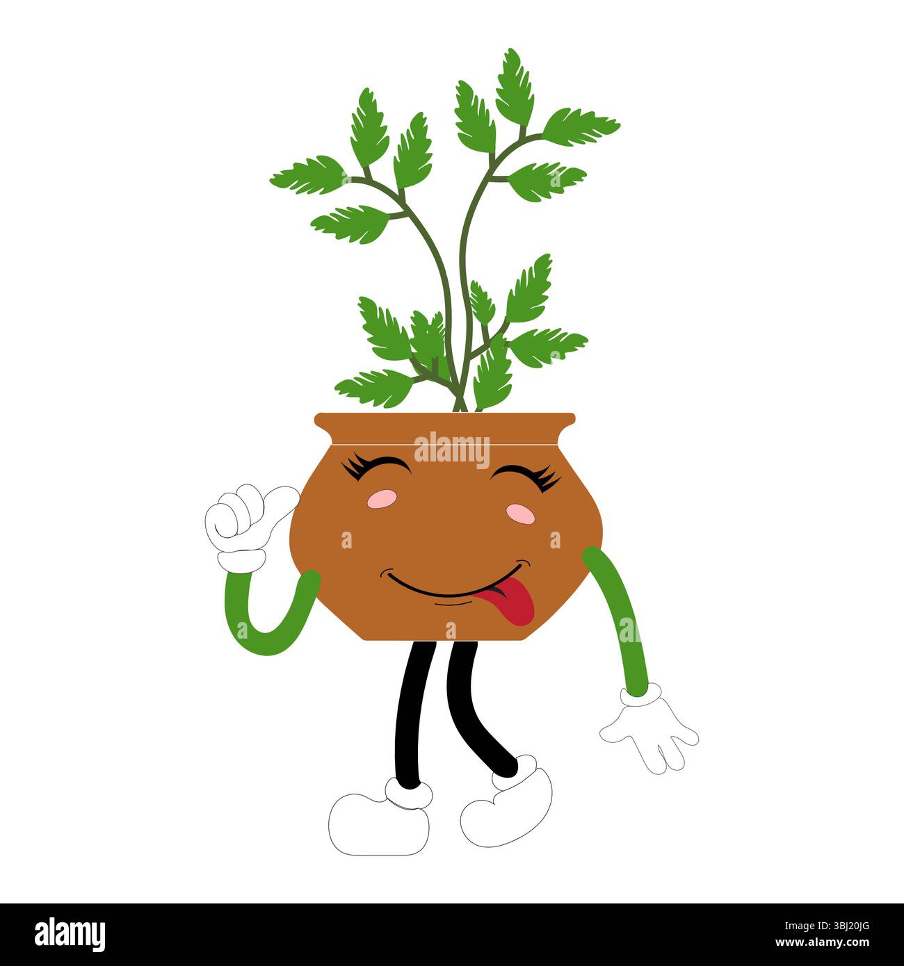 Lächelnde Zeichentrickpflanze im Topf mit Armen und Beinen, isolierter Pflanzenkopfaufkleber mit niedlichem Gesichtsgang, lustiges psychedelisches Blumenkerl mit grünem Blatt Stock Vektor