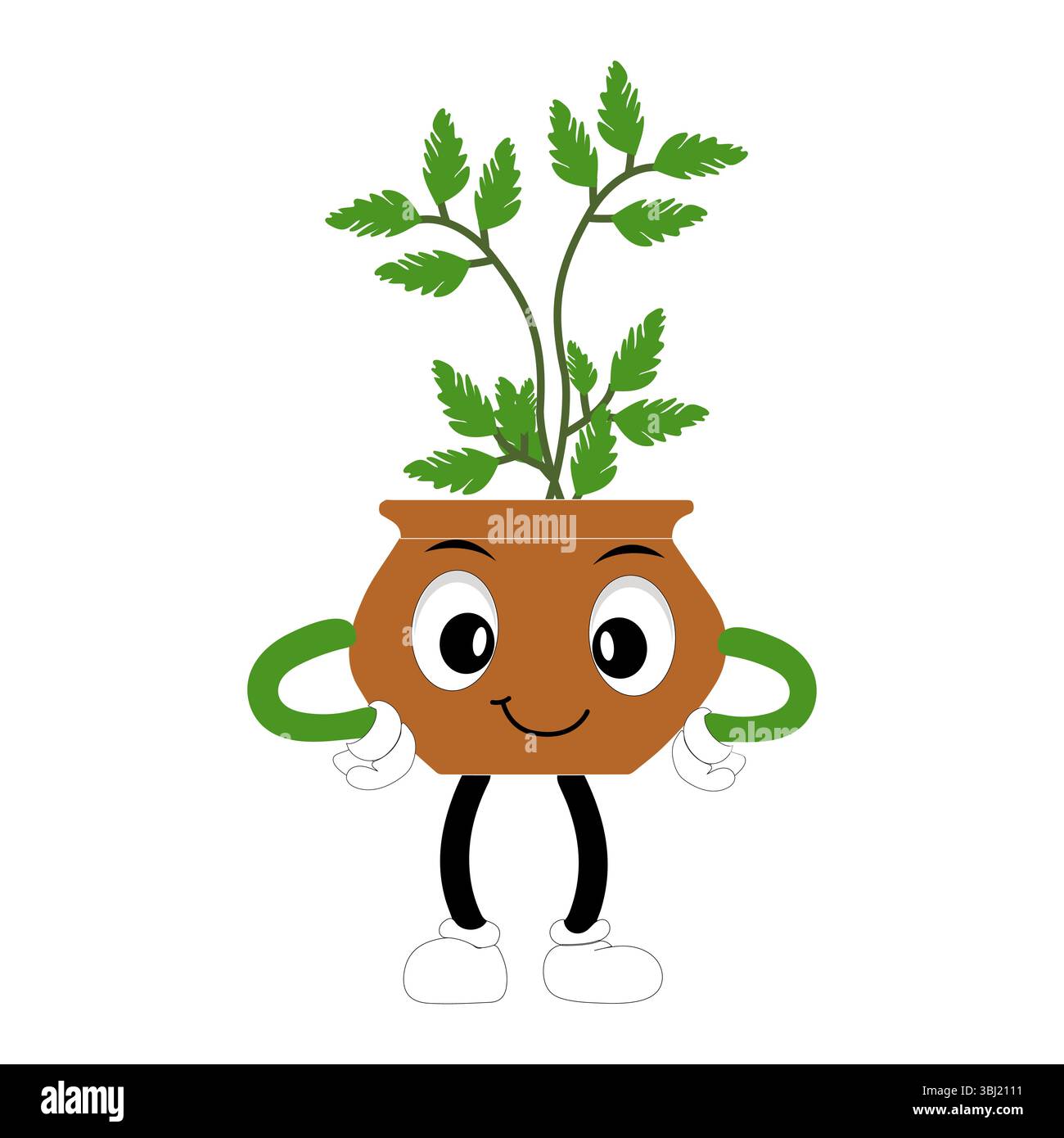 Lächelnde Zeichentrickpflanze im Topf mit Armen und Beinen, isolierter Pflanzenkopfaufkleber mit niedlichem Gesichtsgang, lustiges psychedelisches Blumenkerl mit grünem Blatt Stock Vektor
