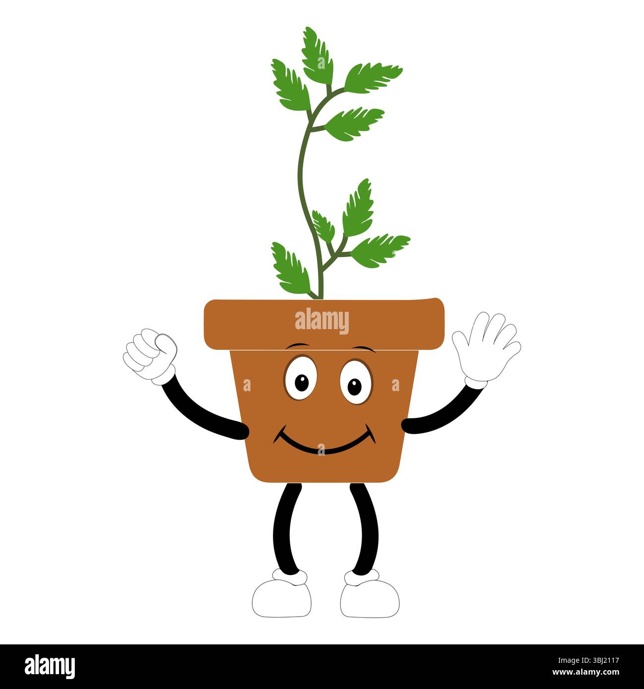 Lächelnde Zeichentrickpflanze im Topf mit Armen und Beinen, isolierter Pflanzenkopfaufkleber mit niedlichem Gesichtsgang, lustiges psychedelisches Blumenkerl mit grünem Blatt Stock Vektor