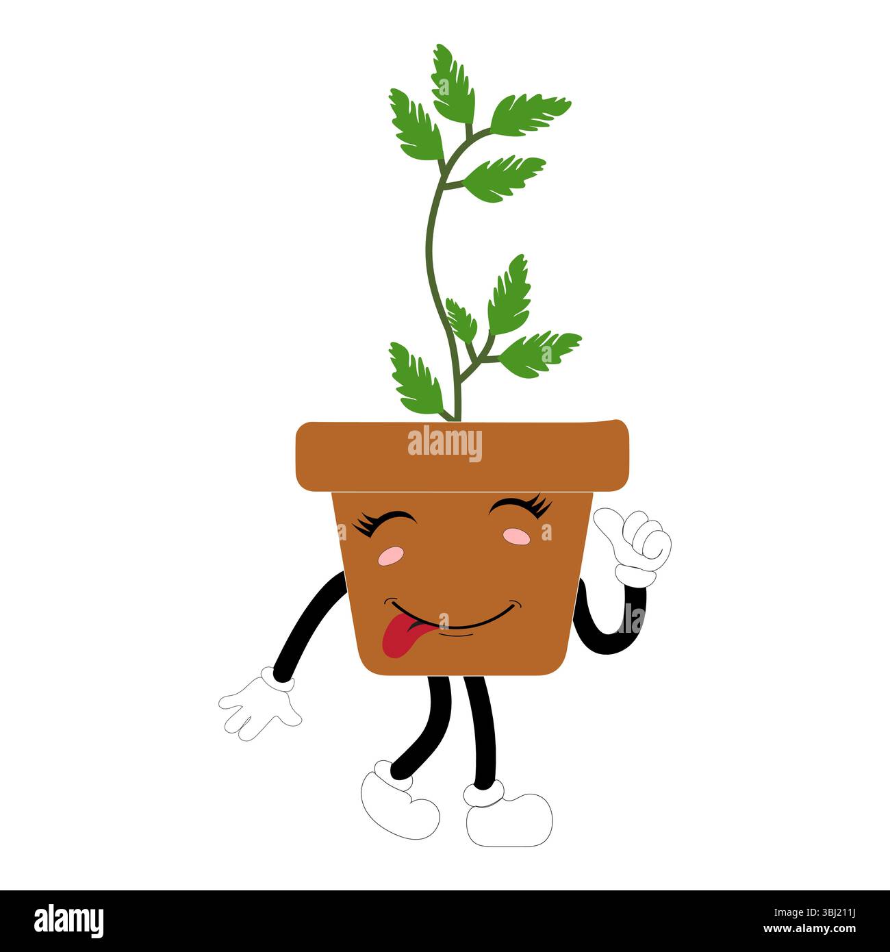 Lächelnde Zeichentrickpflanze im Topf mit Armen und Beinen, isolierter Pflanzenkopfaufkleber mit niedlichem Gesichtsgang, lustiges psychedelisches Blumenkerl mit grünem Blatt Stock Vektor