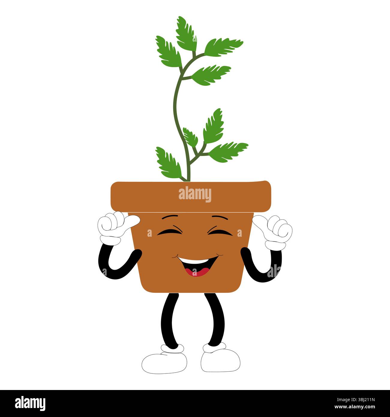 Lächelnde Zeichentrickpflanze im Topf mit Armen und Beinen, isolierter Pflanzenkopfaufkleber mit niedlichem Gesichtsgang, lustiges psychedelisches Blumenkerl mit grünem Blatt Stock Vektor