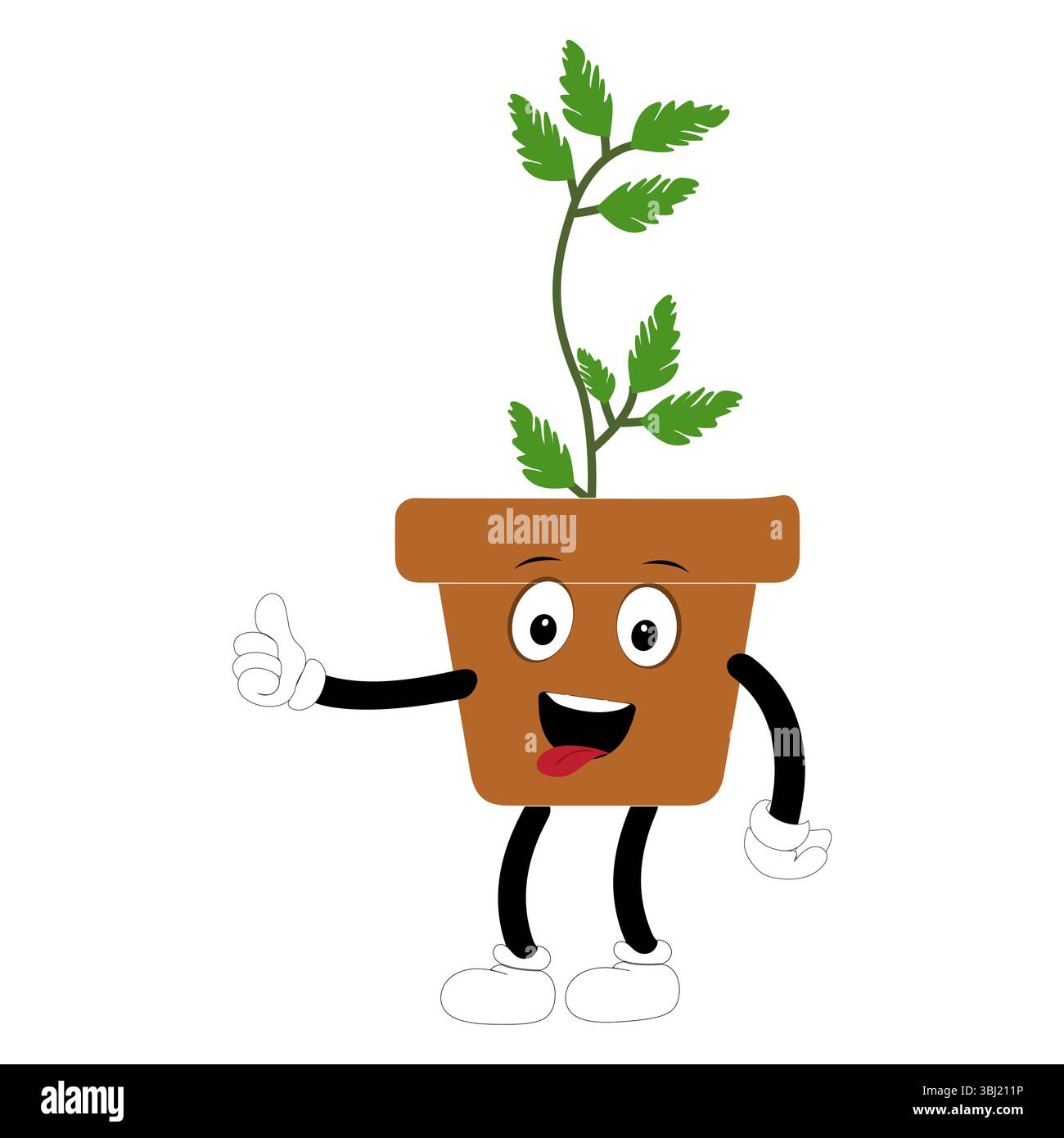 Lächelnde Zeichentrickpflanze im Topf mit Armen und Beinen, isolierter Pflanzenkopfaufkleber mit niedlichem Gesichtsgang, lustiges psychedelisches Blumenkerl mit grünem Blatt Stock Vektor