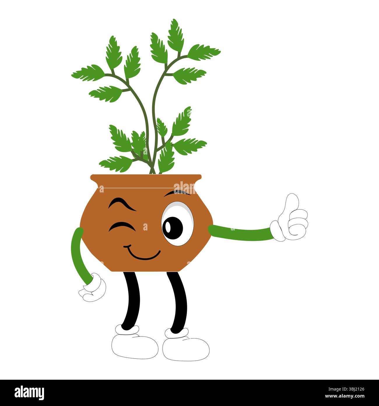 Lächelnde Zeichentrickpflanze im Topf mit Armen und Beinen, isolierter Pflanzenkopfaufkleber mit niedlichem Gesichtsgang, lustiges psychedelisches Blumenkerl mit grünem Blatt Stock Vektor