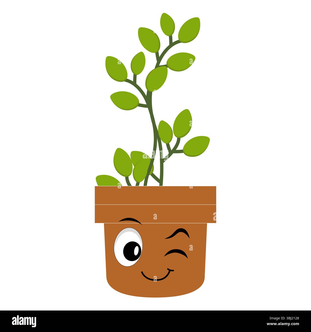 Lächelnde Zeichentrickpflanze im Topf mit Armen und Beinen, isolierter Pflanzenkopfaufkleber mit niedlichem Gesichtsgang, lustiges psychedelisches Blumenkerl mit grünem Blatt Stock Vektor