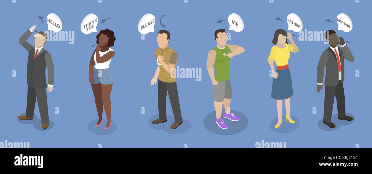 Isometrische flache 3D-Illustration der Gebärdensprache, Zeichen mit einfachen Gebärdensprachen-Phrasen, Grußworte, Danke, Hilfe, Familie Stockfoto