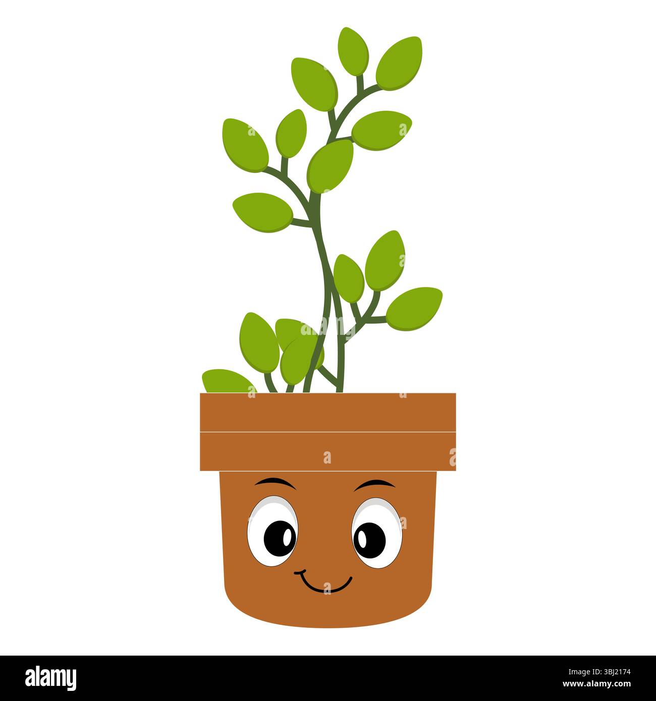 Lächelnde Zeichentrickpflanze im Topf mit Armen und Beinen, isolierter Pflanzenkopfaufkleber mit niedlichem Gesichtsgang, lustiges psychedelisches Blumenkerl mit grünem Blatt Stock Vektor