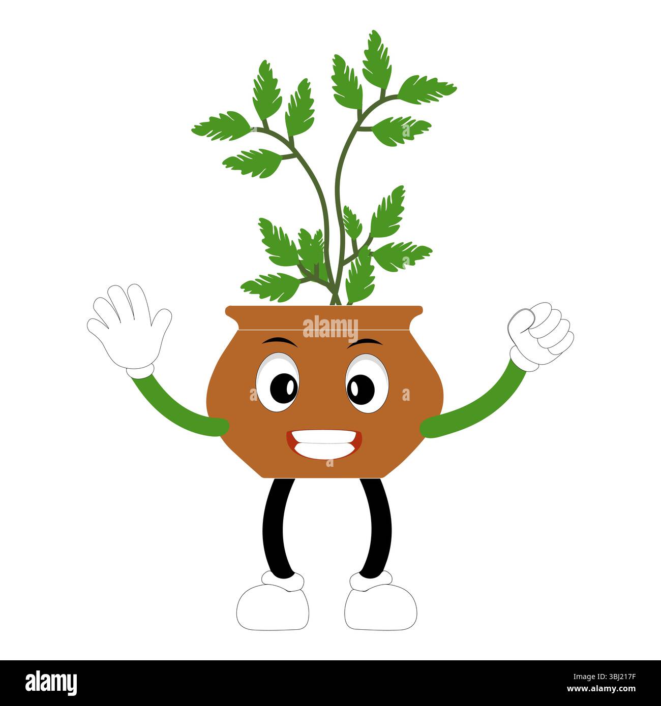 Lächelnde Zeichentrickpflanze im Topf mit Armen und Beinen, isolierter Pflanzenkopfaufkleber mit niedlichem Gesichtsgang, lustiges psychedelisches Blumenkerl mit grünem Blatt Stock Vektor
