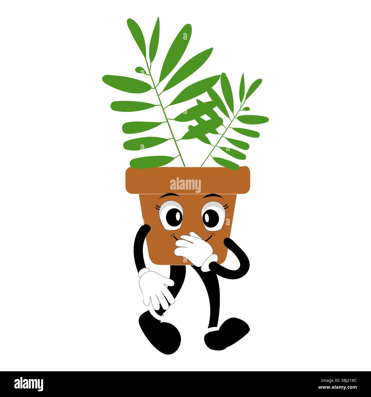 Lächelnde Zeichentrickpflanze im Topf mit Armen und Beinen, isolierter Pflanzenkopfaufkleber mit niedlichem Gesichtsgang, lustiges psychedelisches Blumenkerl mit grünem Blatt Stock Vektor