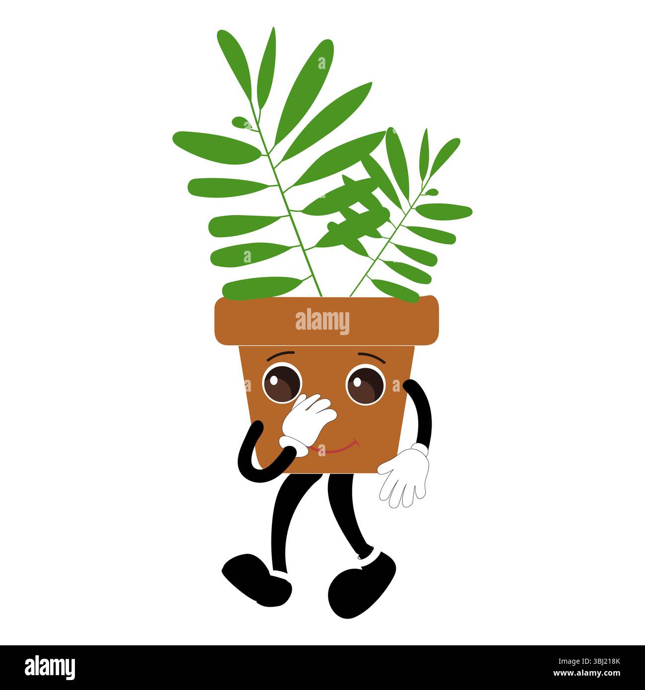 Lächelnde Zeichentrickpflanze im Topf mit Armen und Beinen, isolierter Pflanzenkopfaufkleber mit niedlichem Gesichtsgang, lustiges psychedelisches Blumenkerl mit grünem Blatt Stock Vektor