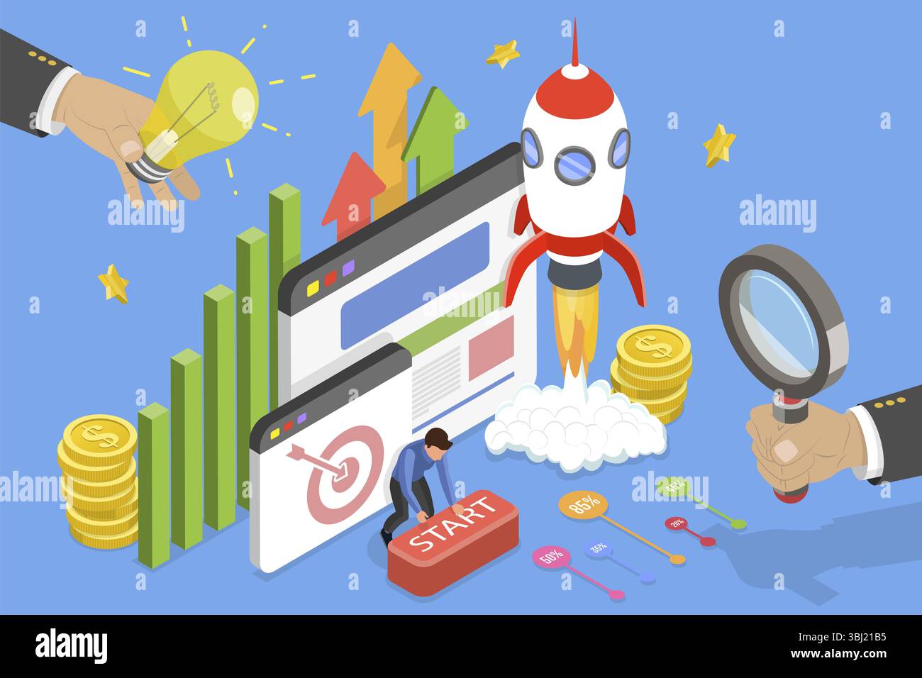 Isometrische 3D-Illustration der Erfolgsstrategie des Unternehmens, Startup Web Project Stockfoto