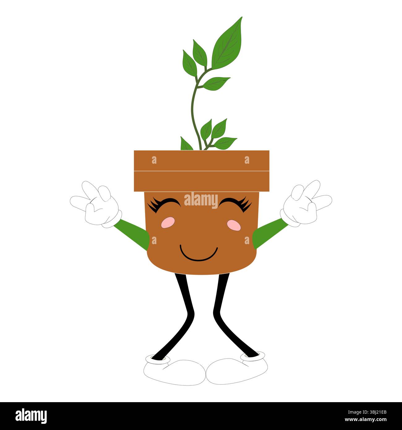 Lächelnde Zeichentrickpflanze im Topf mit Armen und Beinen, isolierter Pflanzenkopfaufkleber mit niedlichem Gesichtsgang, lustiges psychedelisches Blumenkerl mit grünem Blatt Stock Vektor