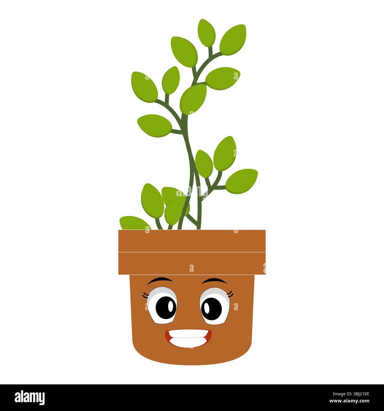 Lächelnde Zeichentrickpflanze im Topf mit Armen und Beinen, isolierter Pflanzenkopfaufkleber mit niedlichem Gesichtsgang, lustiges psychedelisches Blumenkerl mit grünem Blatt Stock Vektor