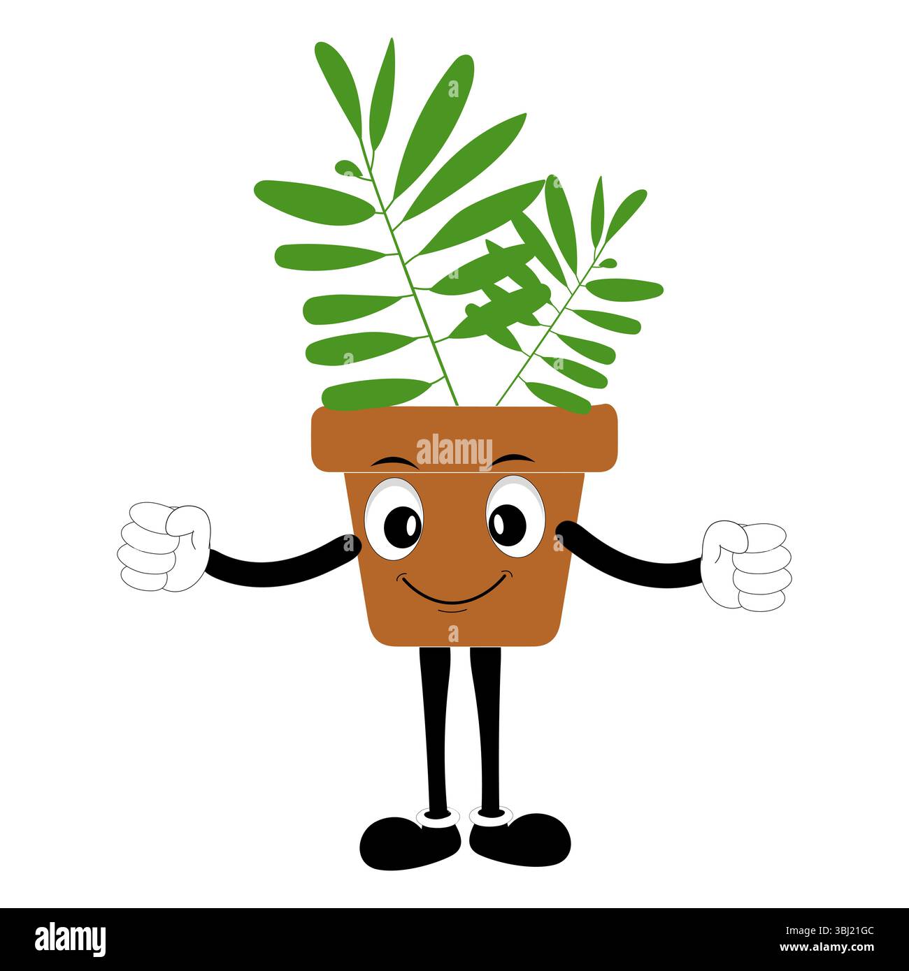 Lächelnde Zeichentrickpflanze im Topf mit Armen und Beinen, isolierter Pflanzenkopfaufkleber mit niedlichem Gesichtsgang, lustiges psychedelisches Blumenkerl mit grünem Blatt Stock Vektor
