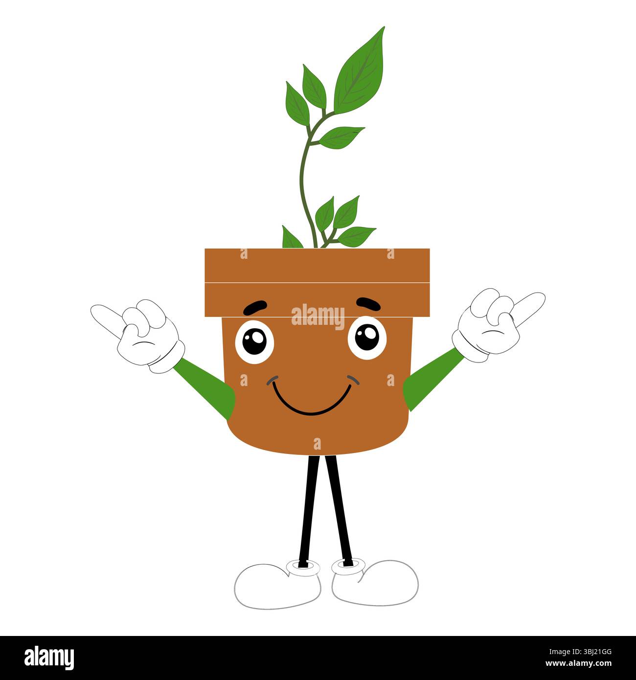 Lächelnde Zeichentrickpflanze im Topf mit Armen und Beinen, isolierter Pflanzenkopfaufkleber mit niedlichem Gesichtsgang, lustiges psychedelisches Blumenkerl mit grünem Blatt Stock Vektor