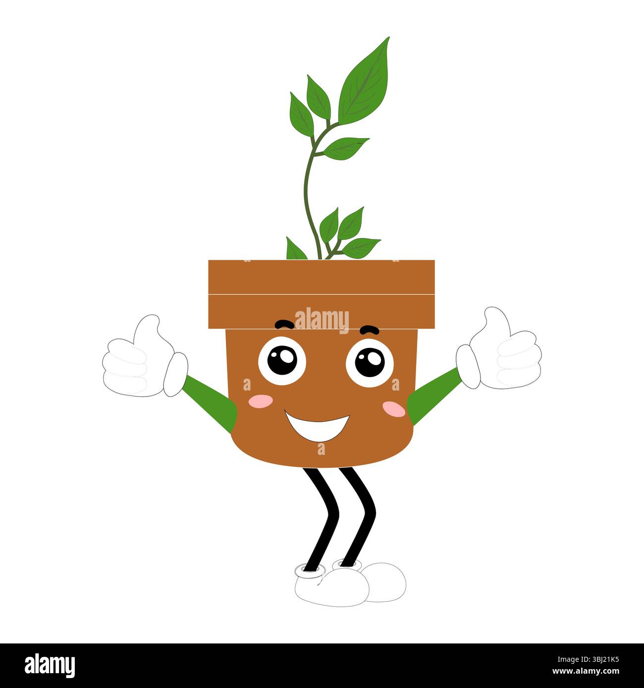 Lächelnde Zeichentrickpflanze im Topf mit Armen und Beinen, isolierter Pflanzenkopfaufkleber mit niedlichem Gesichtsgang, lustiges psychedelisches Blumenkerl mit grünem Blatt Stock Vektor