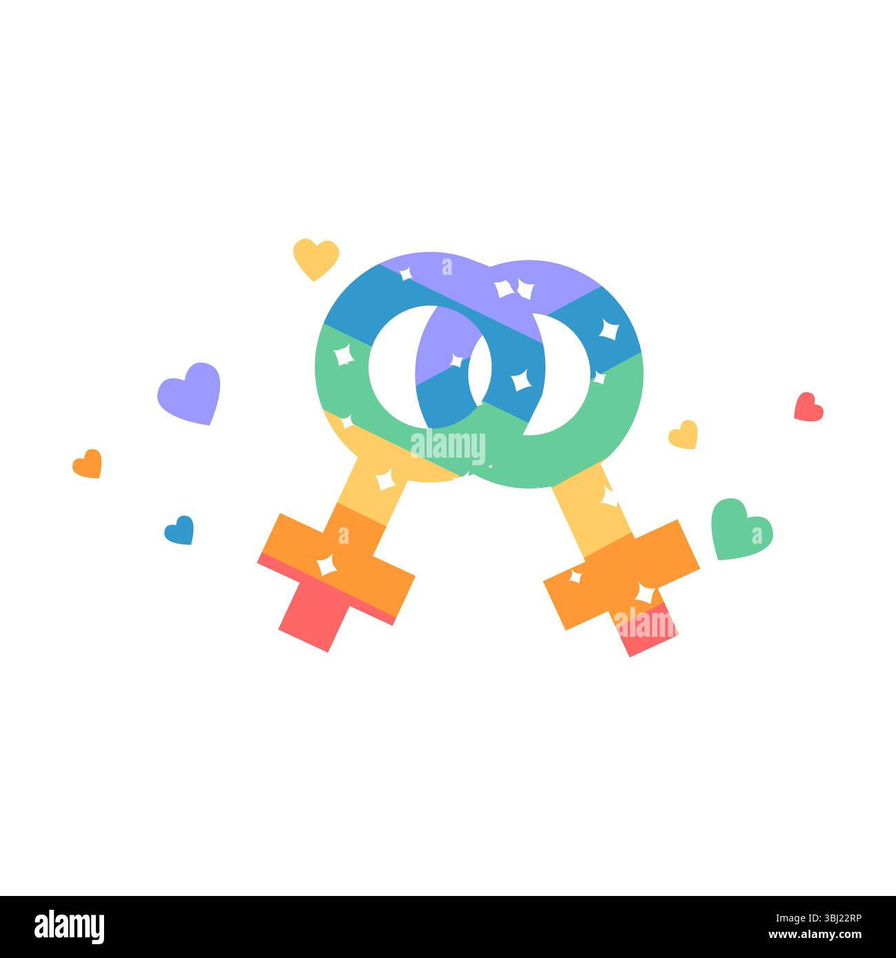 Ineinander verflochtene Rainbow Pride weibliche Symbole mit bunten Herzen Stock Vektor