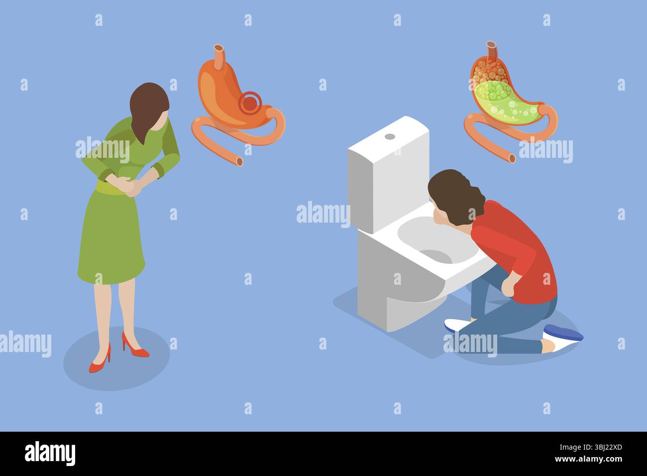 3D Isometrische flache Illustration von Verdauungsproblemen, kranker individueller Entleerung des Magens Inhalt Stockfoto