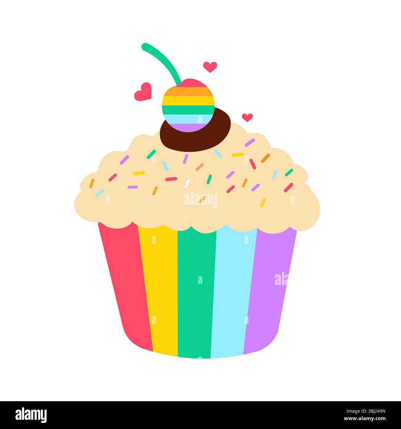 Lebendiger, gestreifter Pride Cupcake mit cremigem Milchschaum und rosafarbenen Herzchen und Sprinkles Stock Vektor