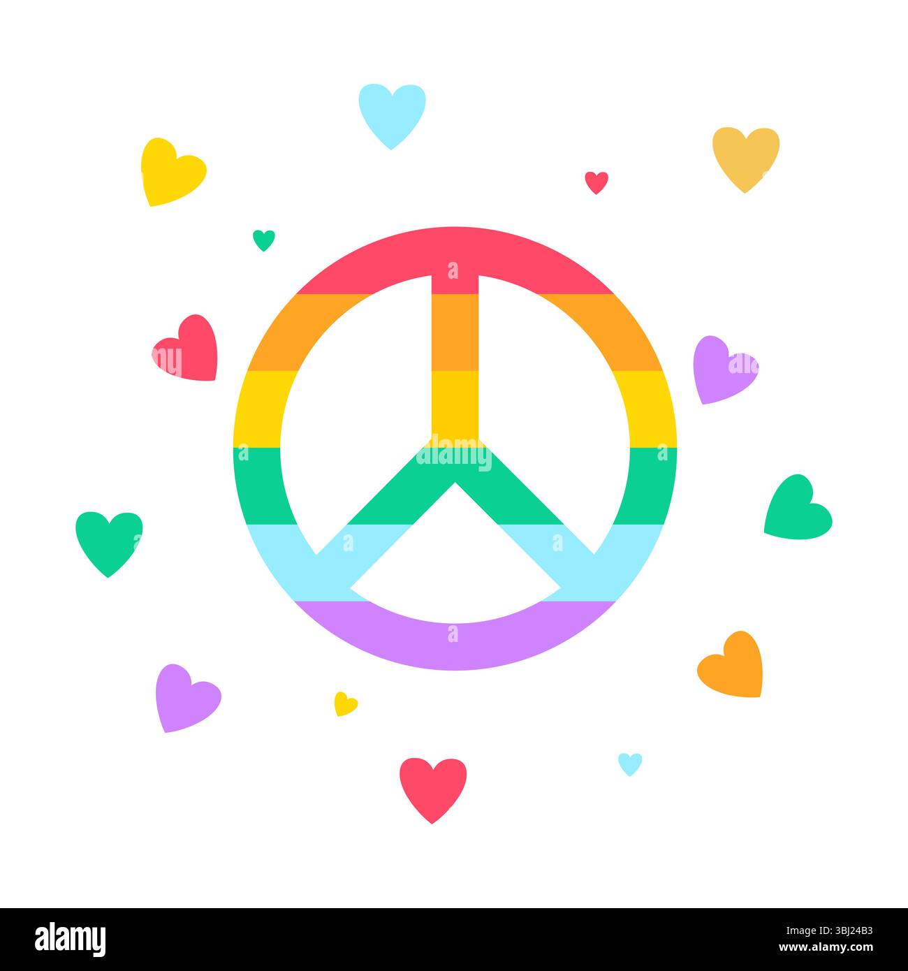 Regenbogen-Friedensschild umgeben von schwimmenden Herzen, das LGBTQ Einheit und Harmonie symbolisiert Stock Vektor