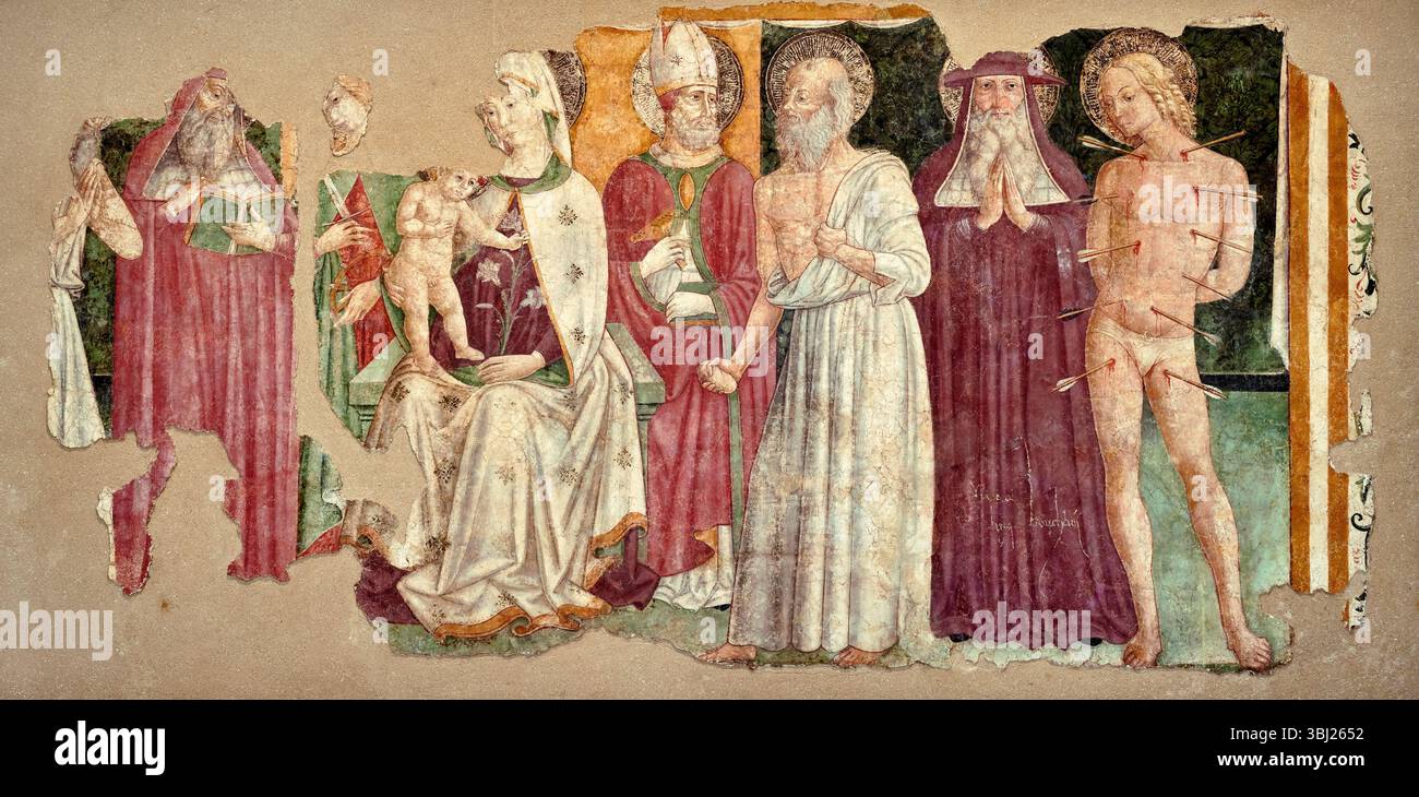Madonna in trono Col Bambino con il beato Pietro Crisci, S. Girolamo cardinale, S. Caterina, S. Biagio, S. Girolamo penitente, S. Bonaventura e S. Sebast Stockfoto