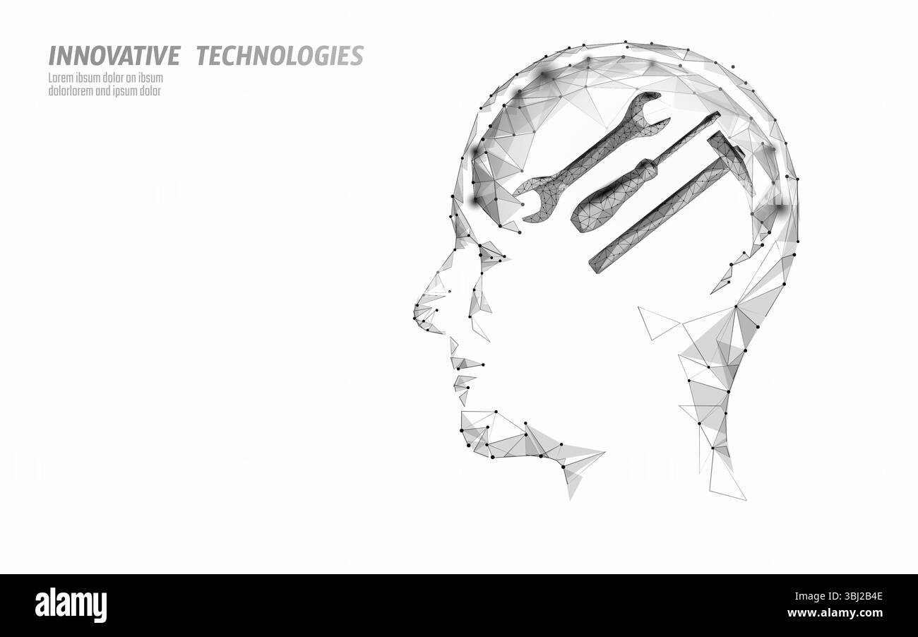 Konzept der bewussten Werkzeuge. Menschliche Kopf Silhouette Mechanische Instrumente Engineering Idee. Ingenieurbau Innovation Wartung. Niedriger Poly-Wert Stock Vektor