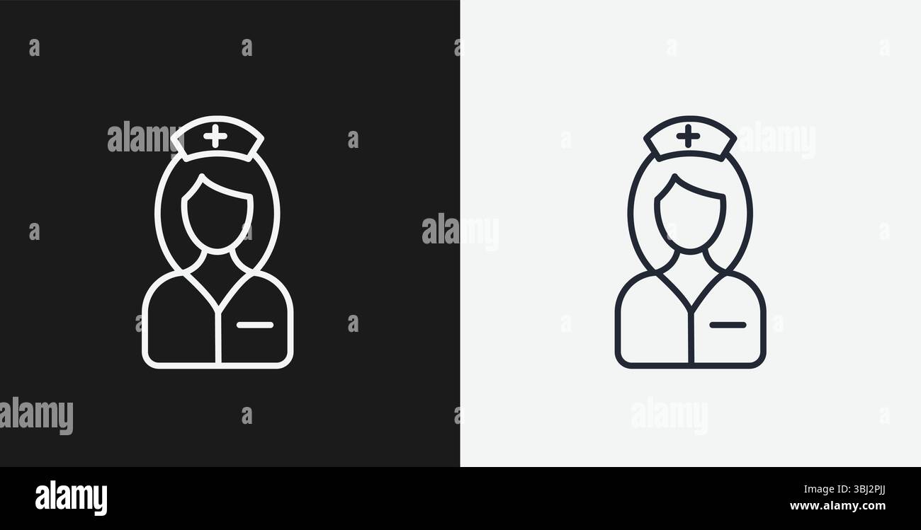 Weibliche Krankenschwester in Uniform mit medizinischem Hut auf Schwarz-weiß-Hintergrund, repräsentiert Healthcare oder medizinische Beruf, White Outline Icon Stock Vektor