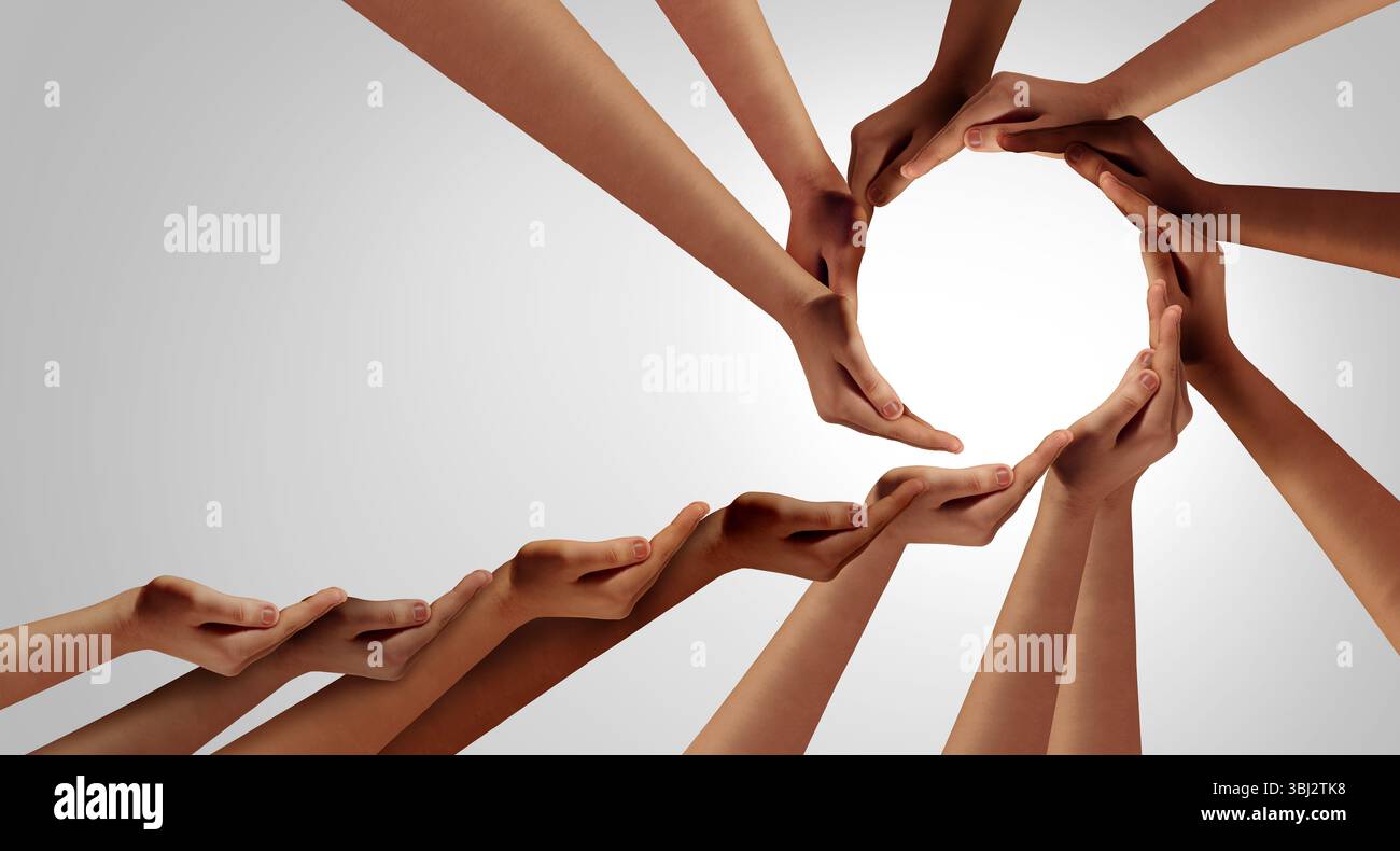 Zusammenarbeit und Integration als Business Unity und Diversity Partnerschaft als Hände, die sich in einer Gruppe von verschiedenen Menschen zusammenschließen, die miteinander verbunden sind, geformt als a s Stockfoto