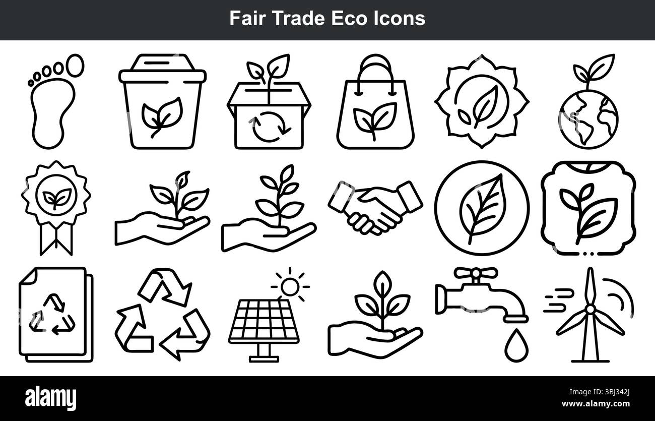 Fair Trade Eco Icons Black Line Kunstset Stock Vektor